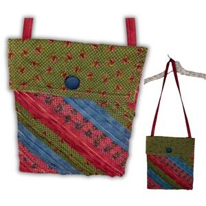Handmade Patchwork Small Crossbody Bag‎ Green Floral Pink Stripe Eclectic Boho